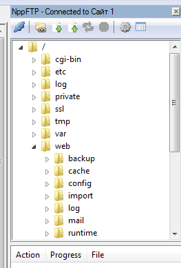 Структура директорий на сервере после соединения по FTP с помощью плагина NppFTP Интерфейс плагина NppFTP после соединения с сервером