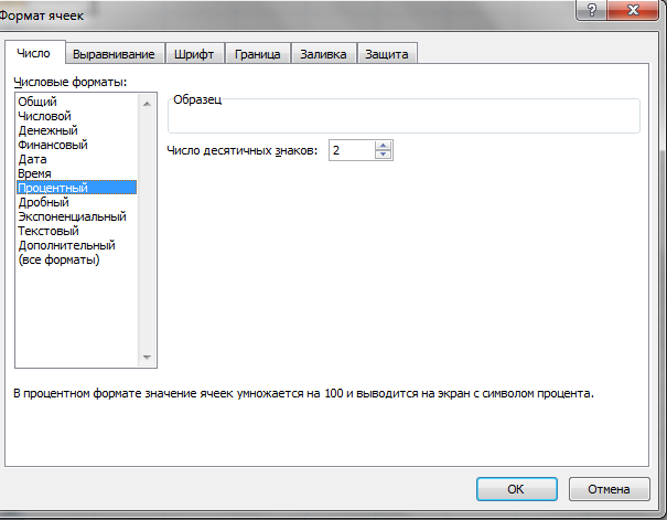 Задать процентный формат в Эксель